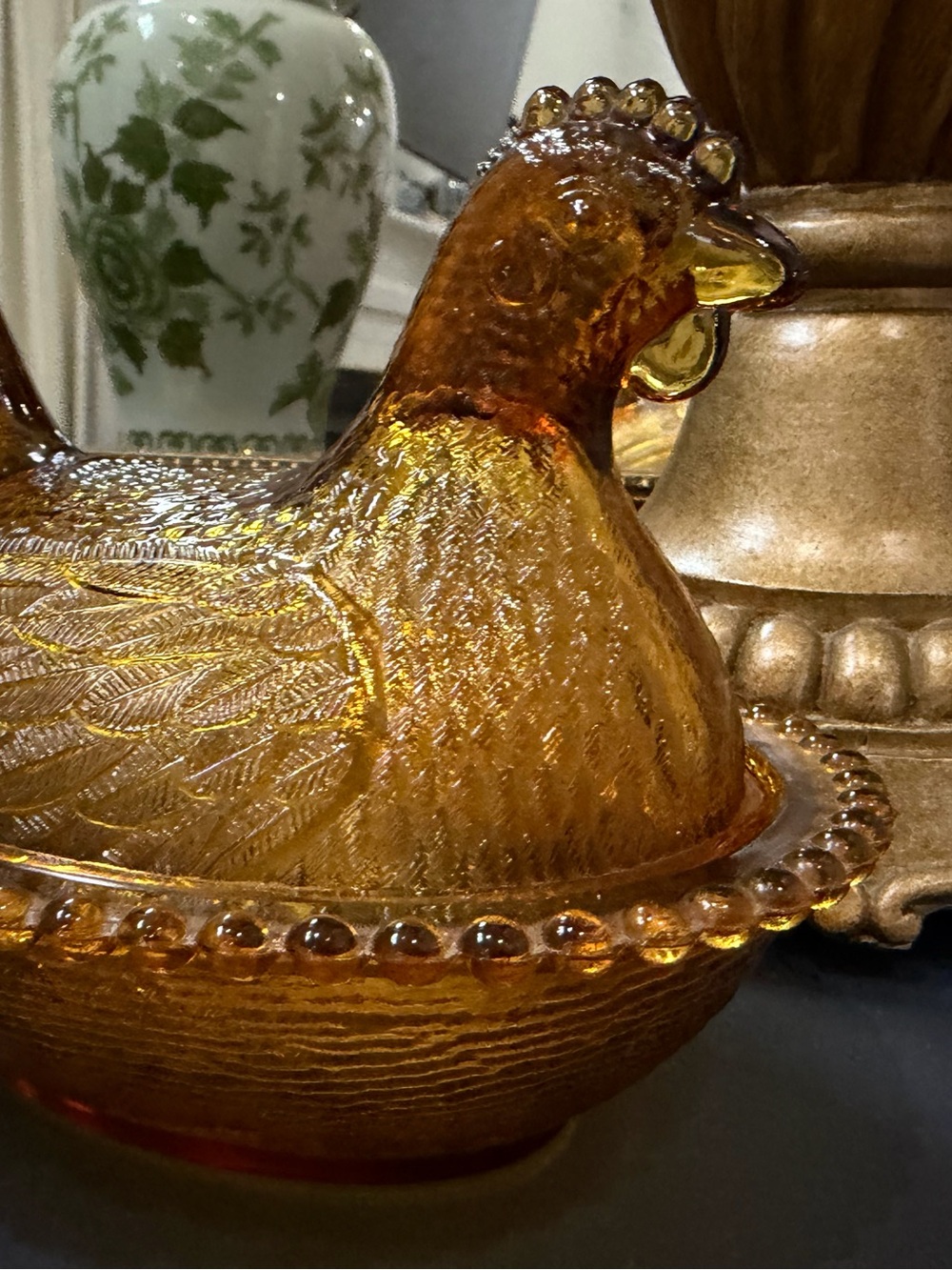 Vintage Amber Glass Hen on Nest Decorative Dish - Home Art